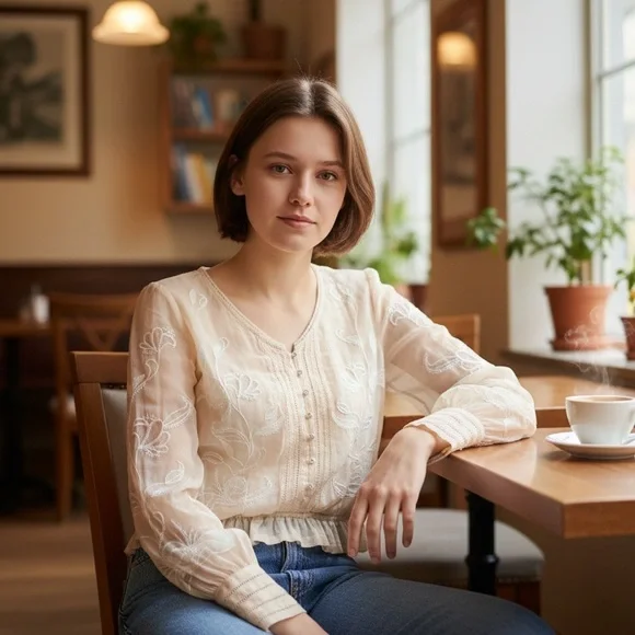 Anthropologie Cream Embroidered Boho blouse sheer floral Pintuck ruffle hem smal - Picture 1 of 5